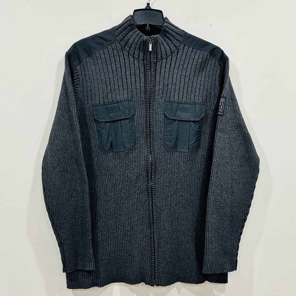 Calvinโ Klein Jeans Gray Knit Cardigan Zip Front Sweater 100% Cotton Men's 2XT